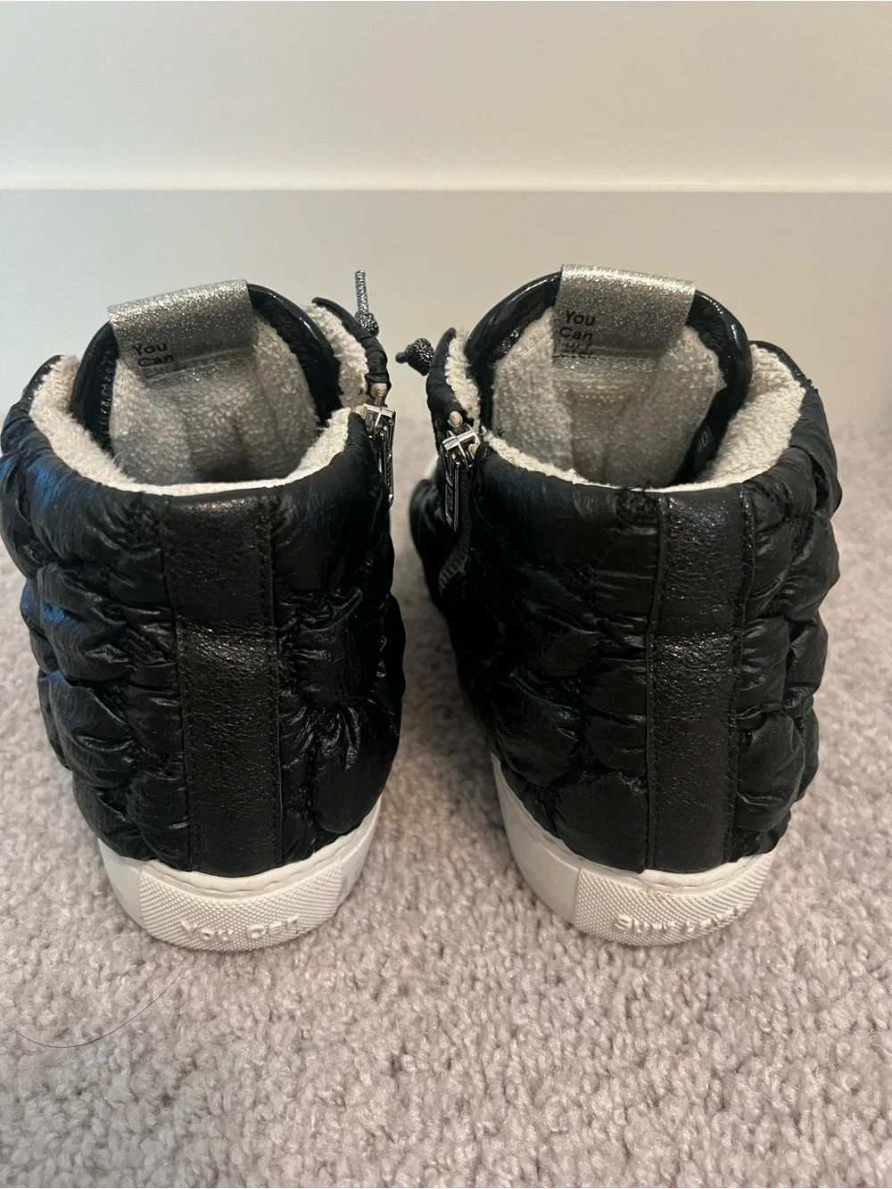 P448 Women's Black Quilted High-Top Sneakers with Silver Laces